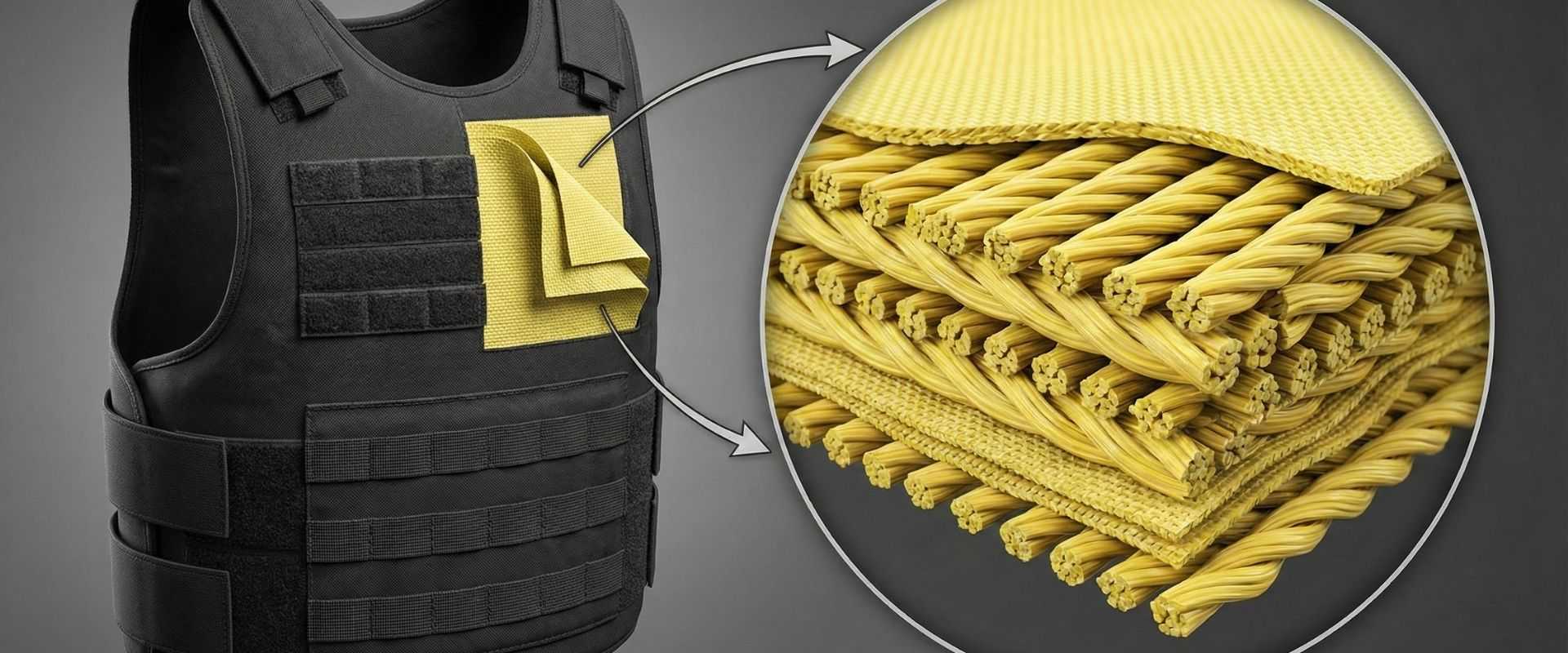 Colete à prova de balas preto com painel de tecido amarelo resistente, mostrando detalhes do material de alta durabilidade e proteção balística.