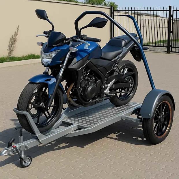 Moto esportiva azul transportada por um trailer em um ambiente ao ar livre, com cerca e muro ao fundo, destacando detalhes do veículo.