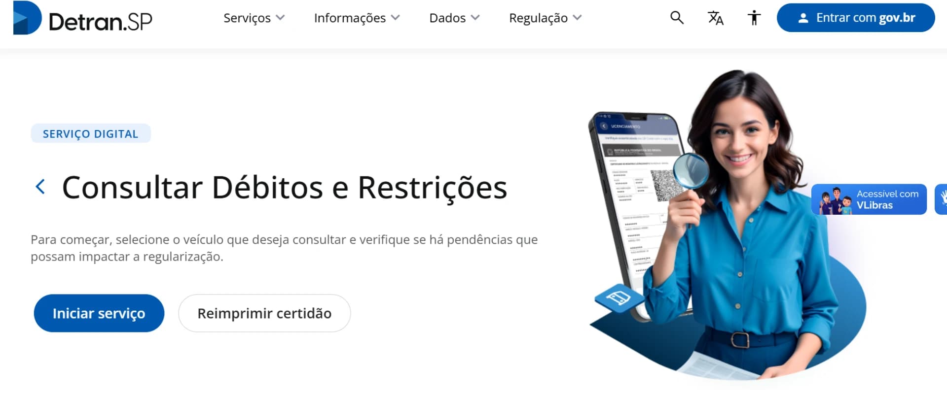 Página do site de Detran.SP para consultar débitos e restrições de veículos de terceiros, com um carro azul ao lado.