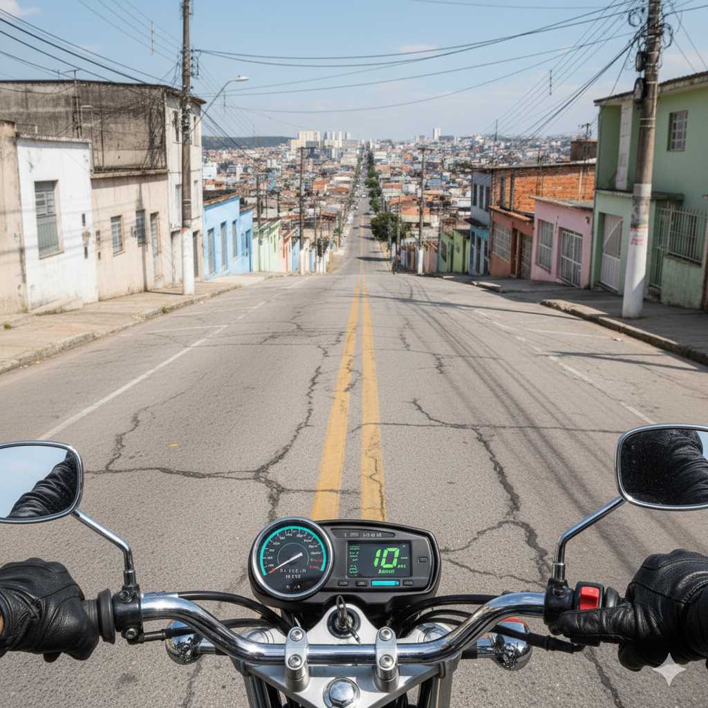 Motociclista de capacete com painel mostrando velocidade de 10 km/h na via urbana de rua inclinada, com casas coloridas ao lado e vista da cidade ao fundo.