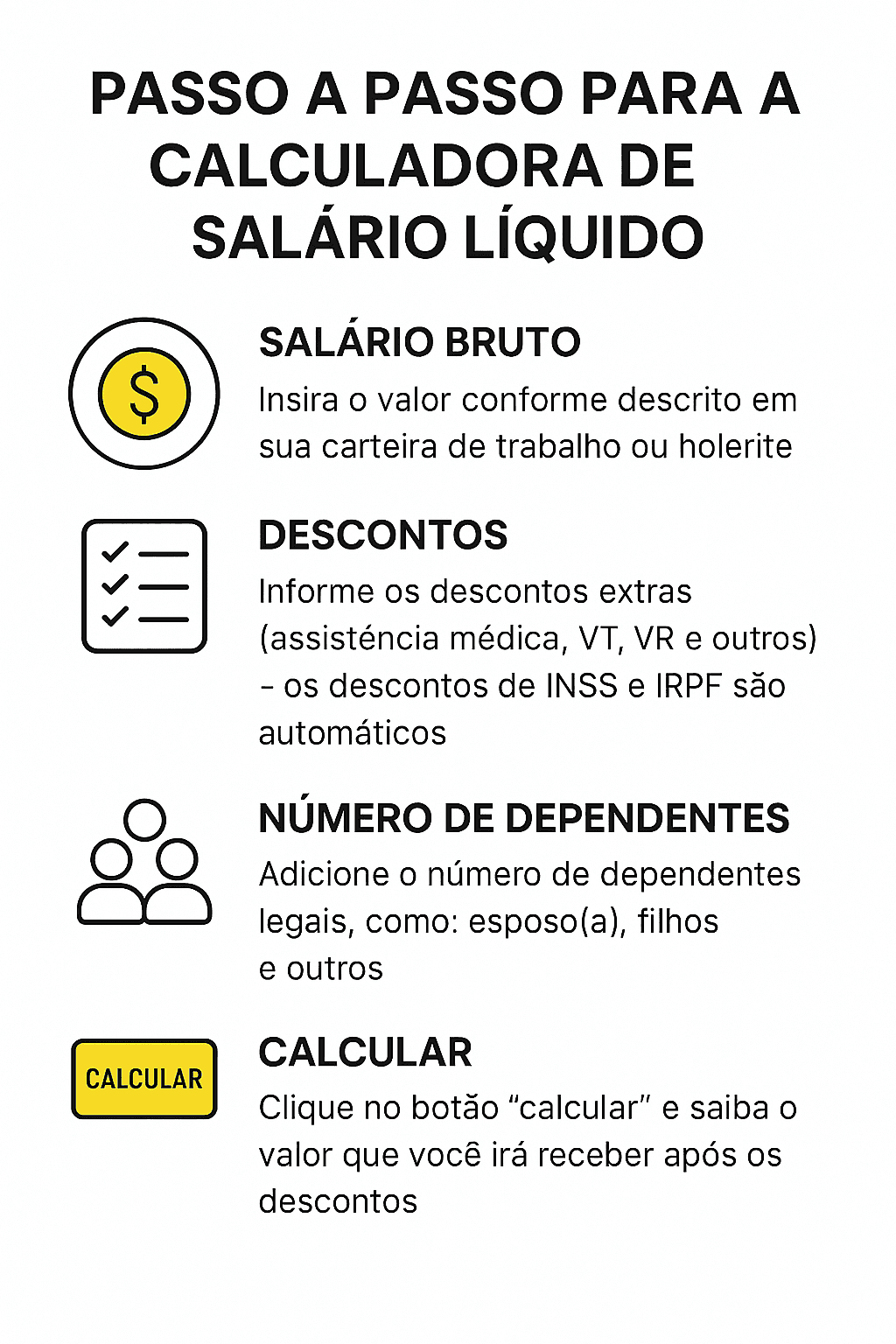 Imagem explicativa passo a passo para calcular salário líquido, incluindo salário bruto, descontos, número de dependentes e uso da calculadora.