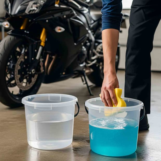 Pessoa limpando uma motocicleta com baldes de água e produtos de limpeza em uma oficina ou garagem.