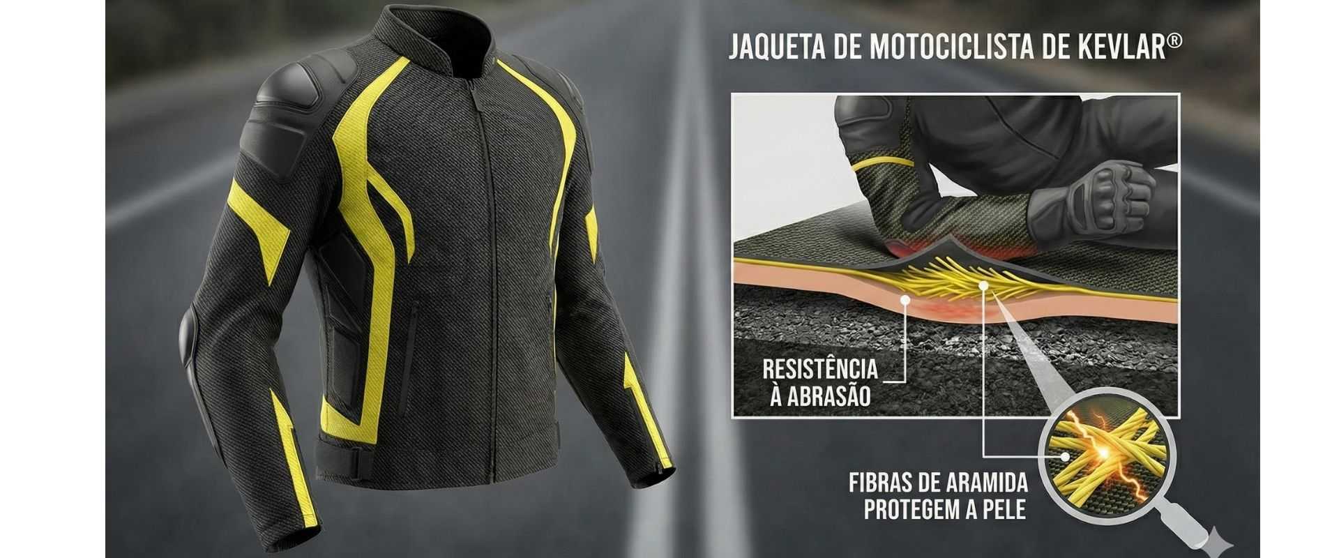 Jaqueta de motociclista de Kevlar com resistência à abrasão e fibras de aramida que protegem a pele, ideal para motociclistas que buscam segurança e proteção na pilotagem.