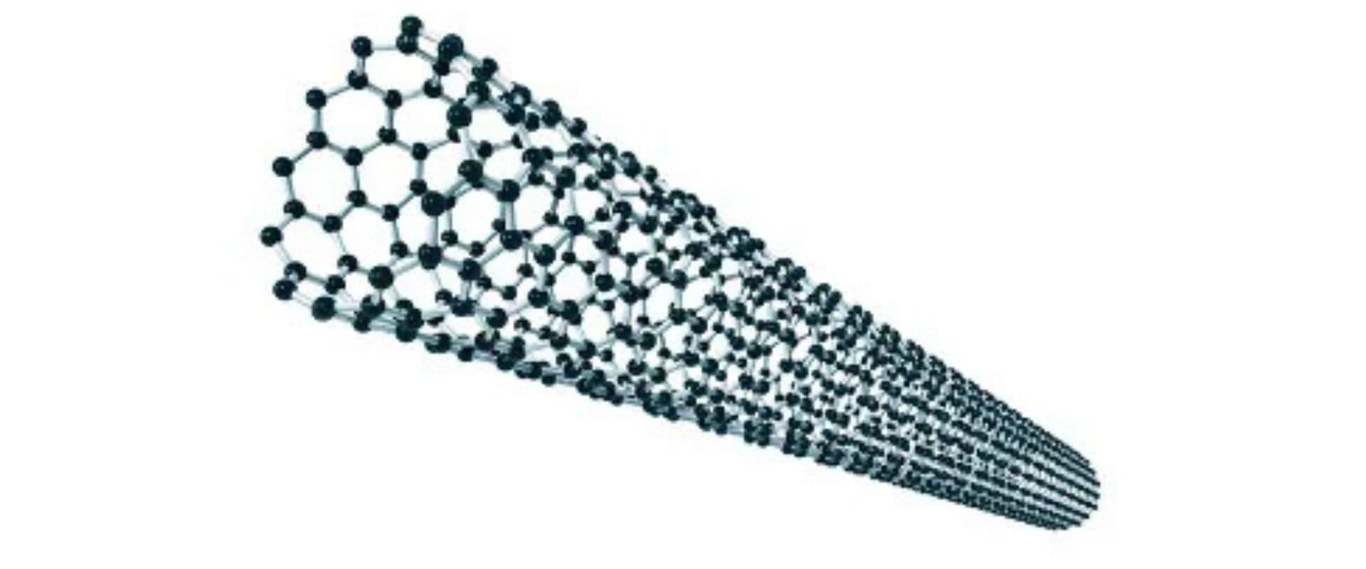 Representação de uma estrutura molecular em forma de tubo, ilustrando a estrutura atômica com pontos e linhas que simbolizam ligações químicas.