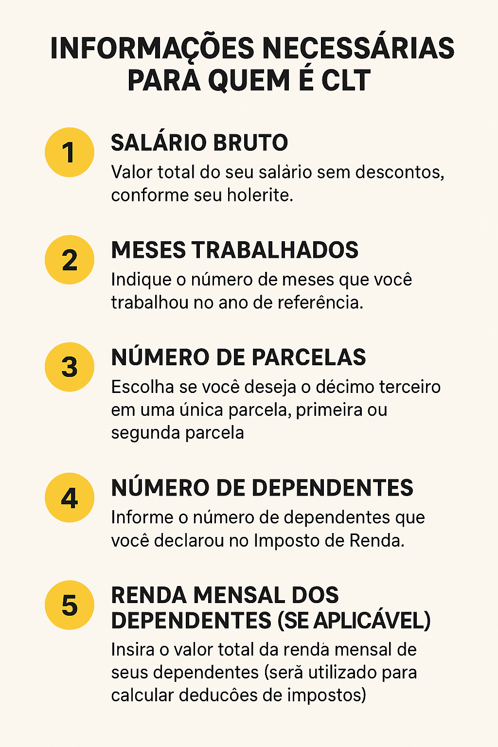 Guia com informações essenciais para quem é CLT, incluindo salário bruto, meses trabalhados, número de parcelas, dependentes e renda mensal, com tópicos destacados.