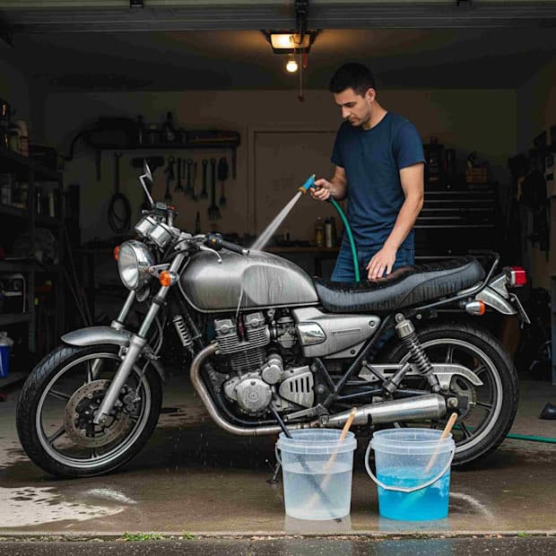 Homem lavando motocicleta clássica de rua em garagem, usando mangueira de água.