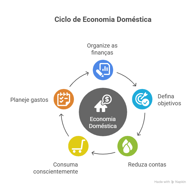 Imagem explicativa sobre os fatores que impactam a economia doméstica, incluindo controle de gastos, planejamento financeiro, investimentos, compras conscientes e sustentabilidade financeira.