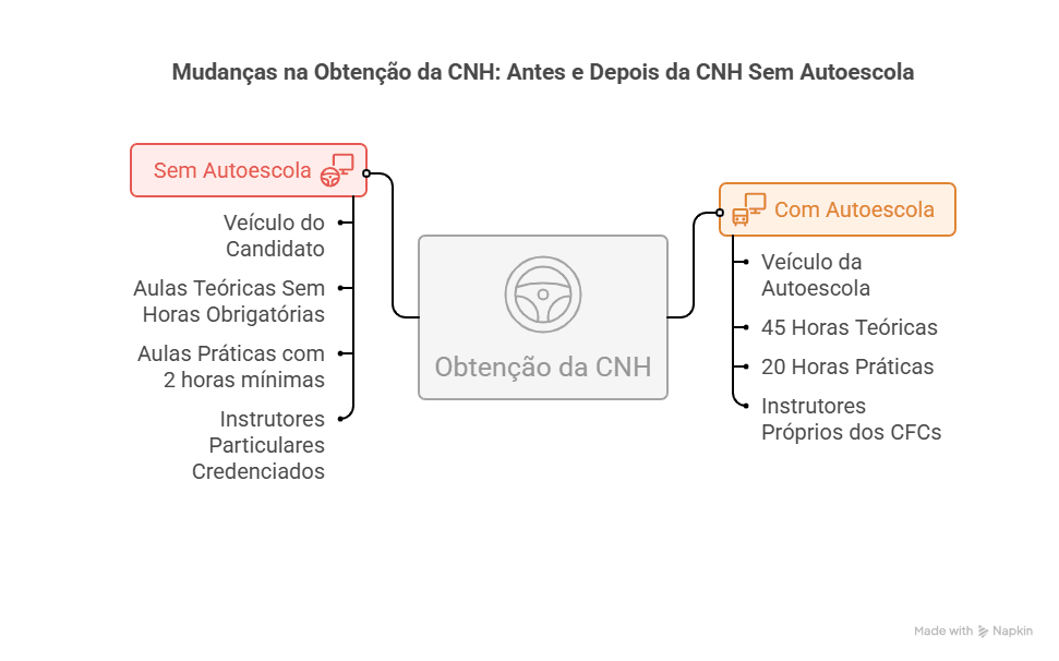Gráfico comparando mudanças na obtenção da CNH com e sem autoescola, incluindo aulas práticas, teóricas, veículos e instrutores credenciados.