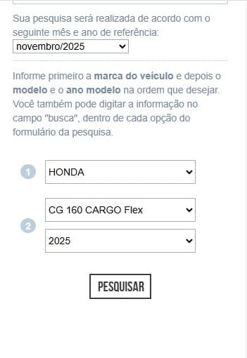 Imagem da consulta de preço do Honda CG 160 CARGO Flex 2025, composta por detalhes do modelo de veículo usado em pesquisa de mercado para novembro de 2025.