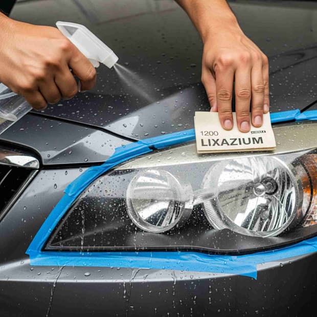Pessoa aplicando lixa restauradora na cabeça do carro.
