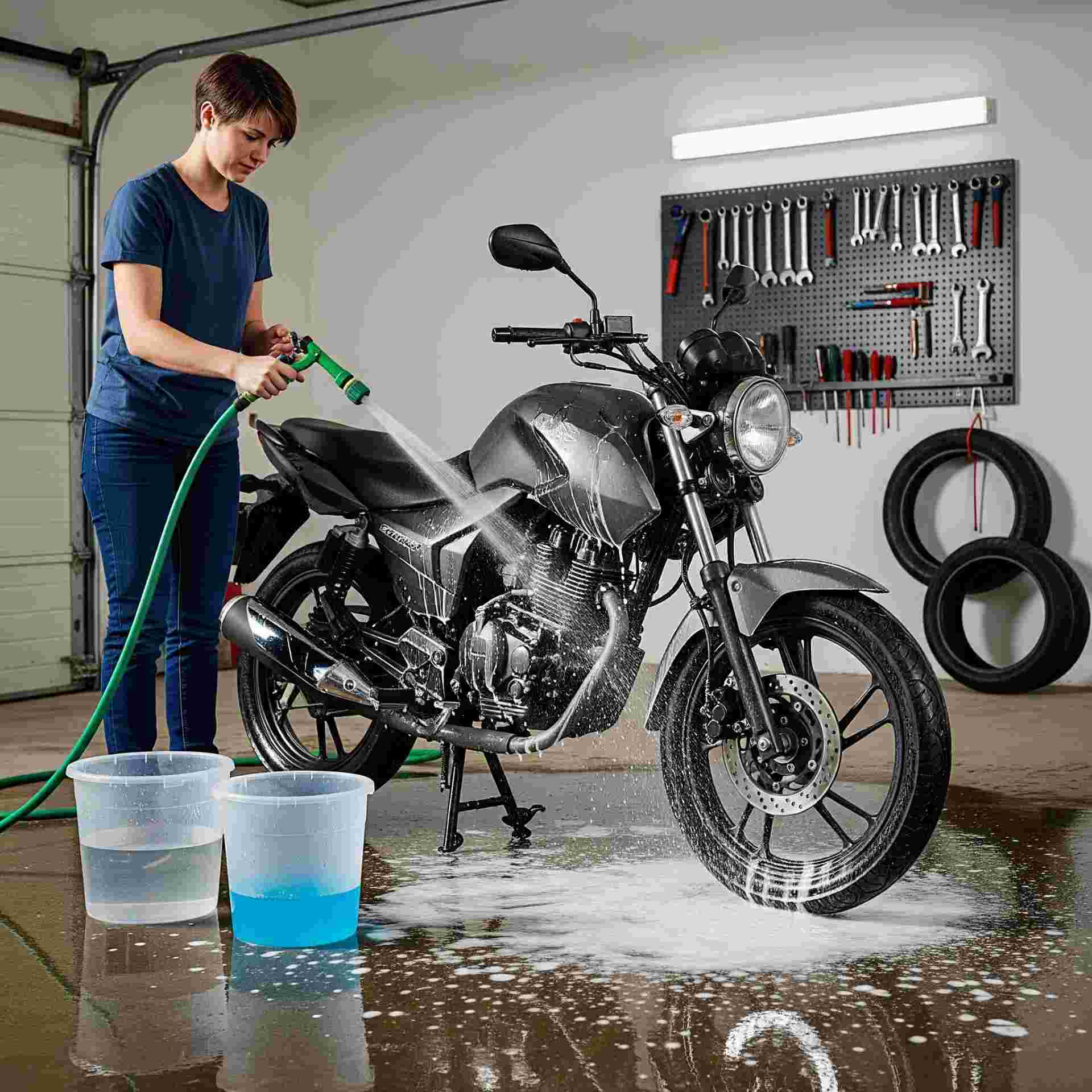 Mulher limpando uma motocicleta na garagem, com ferramentas na parede e pneus ao fundo.