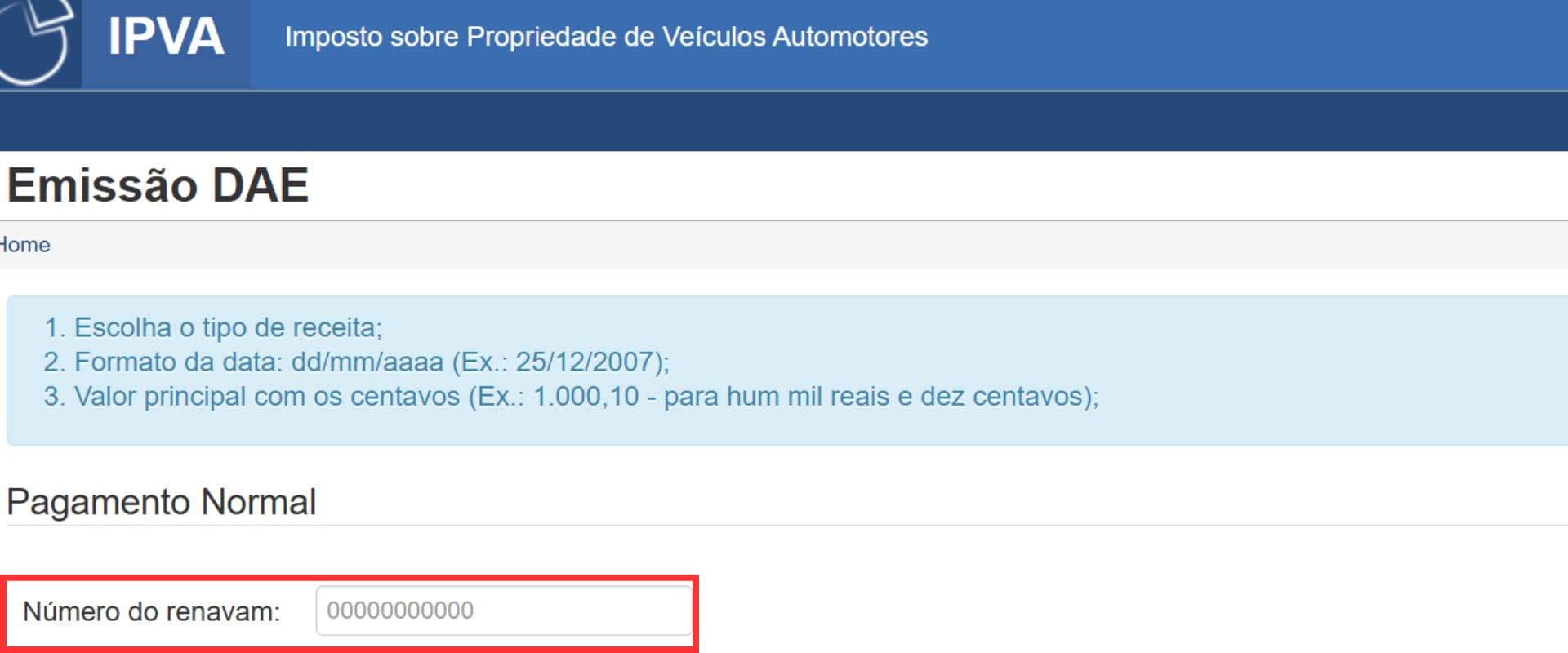 Tela do sistema do IPVA mostrando seleção de veículos cadastrados no DETRAN para emissão de DAE