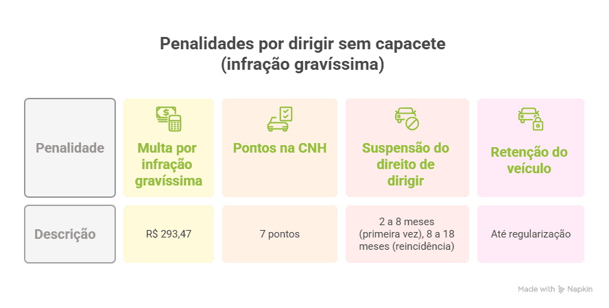 Infográfico explicando as penalidades por dirigir sem capacete. Infração gravíssima.
