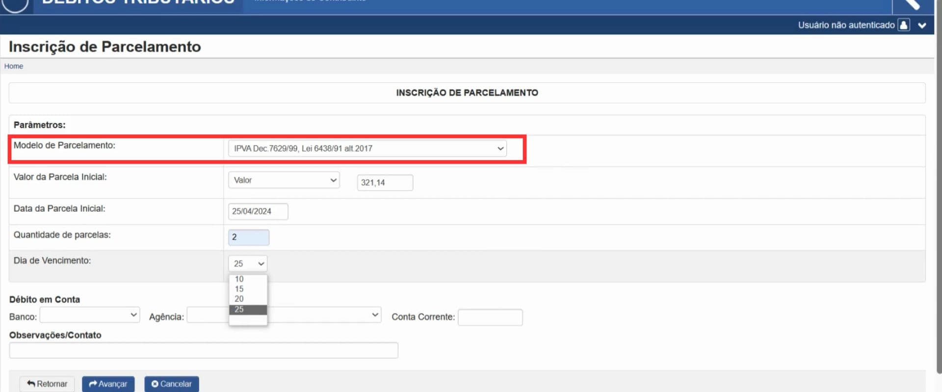 Tela de inscrição de parcelamento de pagamento com informações de modelo de parcelamento, valor, data de início, quantidade de parcelas e banco.
