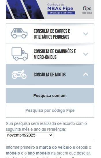 Imagem de menu de consulta de veículos, incluindo carros, caminhões, utilitários pequenos e motos, com opções de pesquisa por código FIPE e informações de modelo e ano.