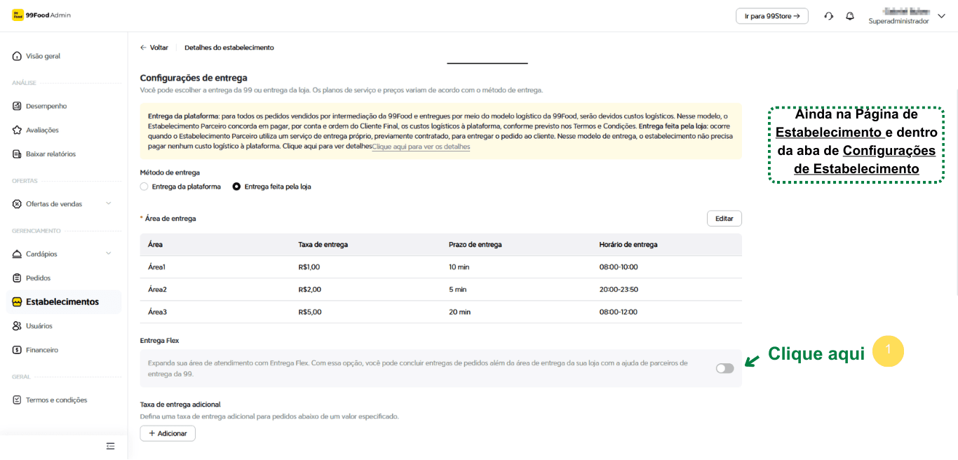 Guia de como configurar a entrega flex no app 99Food