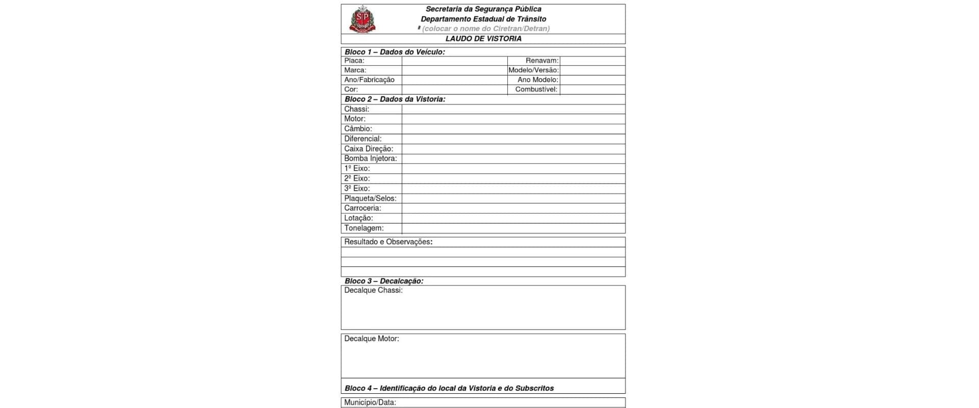 Formulário de vistoria veicular da Secretaria da Segurança Pública, detalhando dados do veículo, inspeção técnica, decalcagem e identificação do local da vistoria e do assinante.