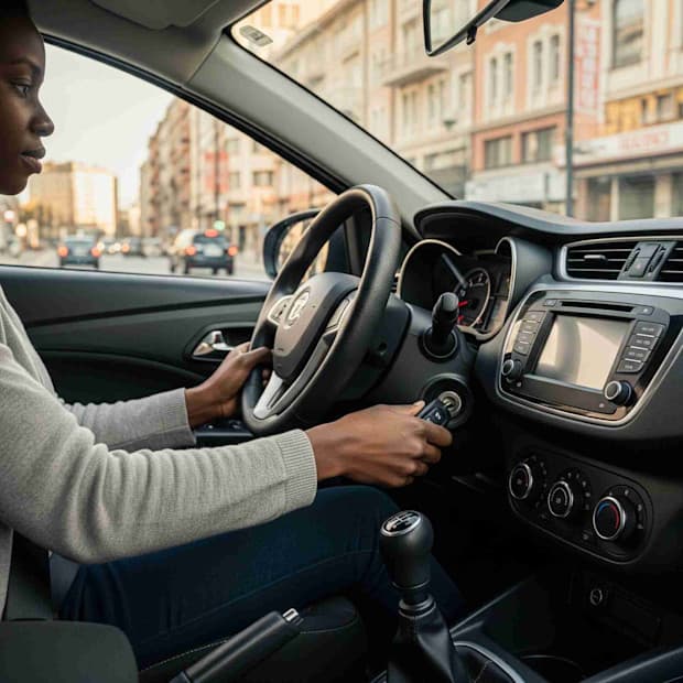 Pessoa dirigindo um carro na cidade, segurando a chave na ignição, com foco no interior do veículo e na experiência de dirigir.