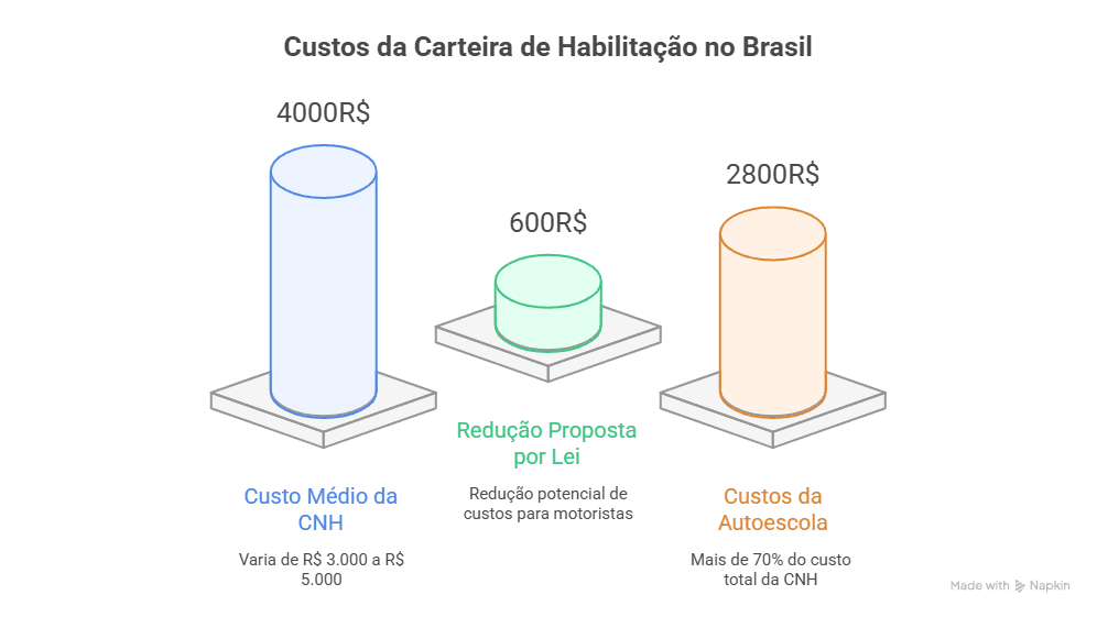 Gráfico comparando custos da carteira de habilitação no Brasil, incluindo custos médios da CNH, custos da autoescola e redução de custos proposta por lei.
