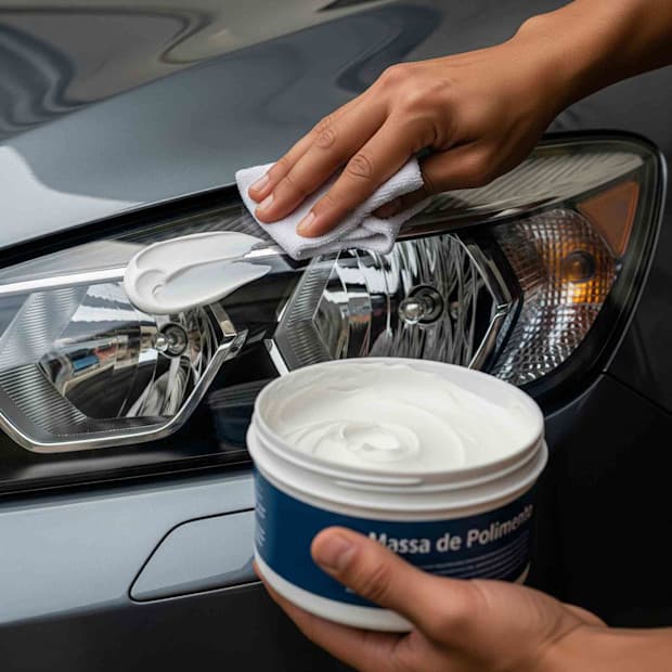 Pessoa aplicando pasta de Polimento na cabeça do farol de um carro com um pano branco, para restaurar ou polir a superfície.
