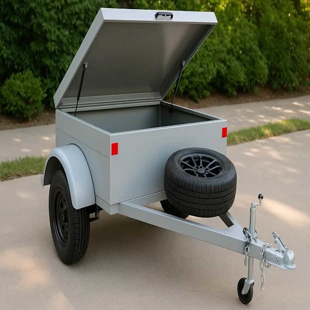 Carrinho de carga com tampa de acesso aberto e roda sobressalente, ideal para transporte de objetos diversos, estacionado ao lado de uma estrada de terra com árvores ao fundo.