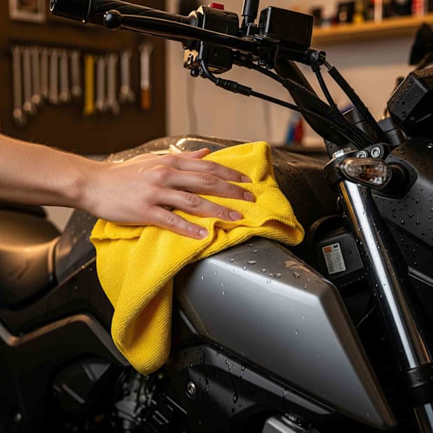 Pessoa limpando uma motocicleta preta com um pano amarelo.