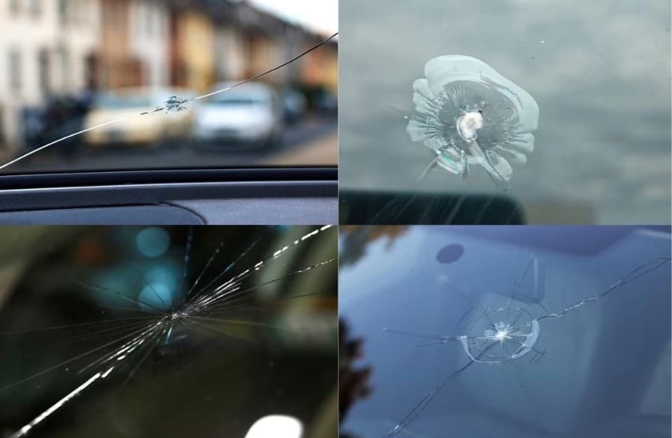 Fotos de vidros com rachaduras e estilhaços, mostrando danos em carros causados por impacto.