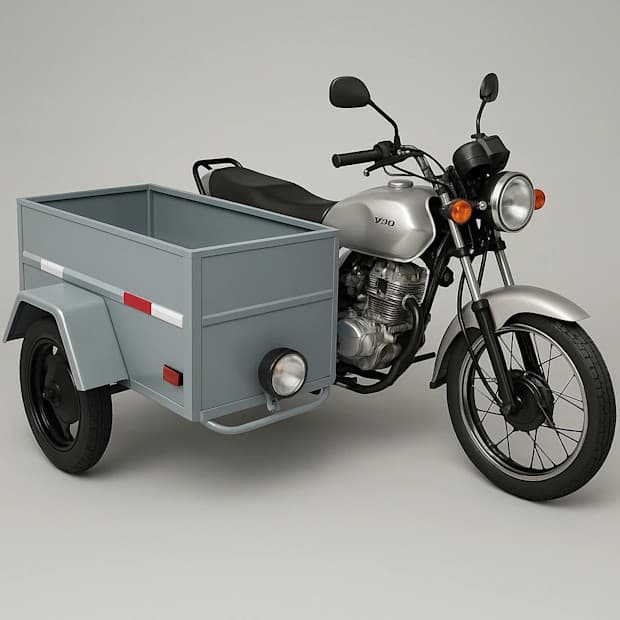 Imagem de uma motocicleta com um compartimento de carga na frente.
