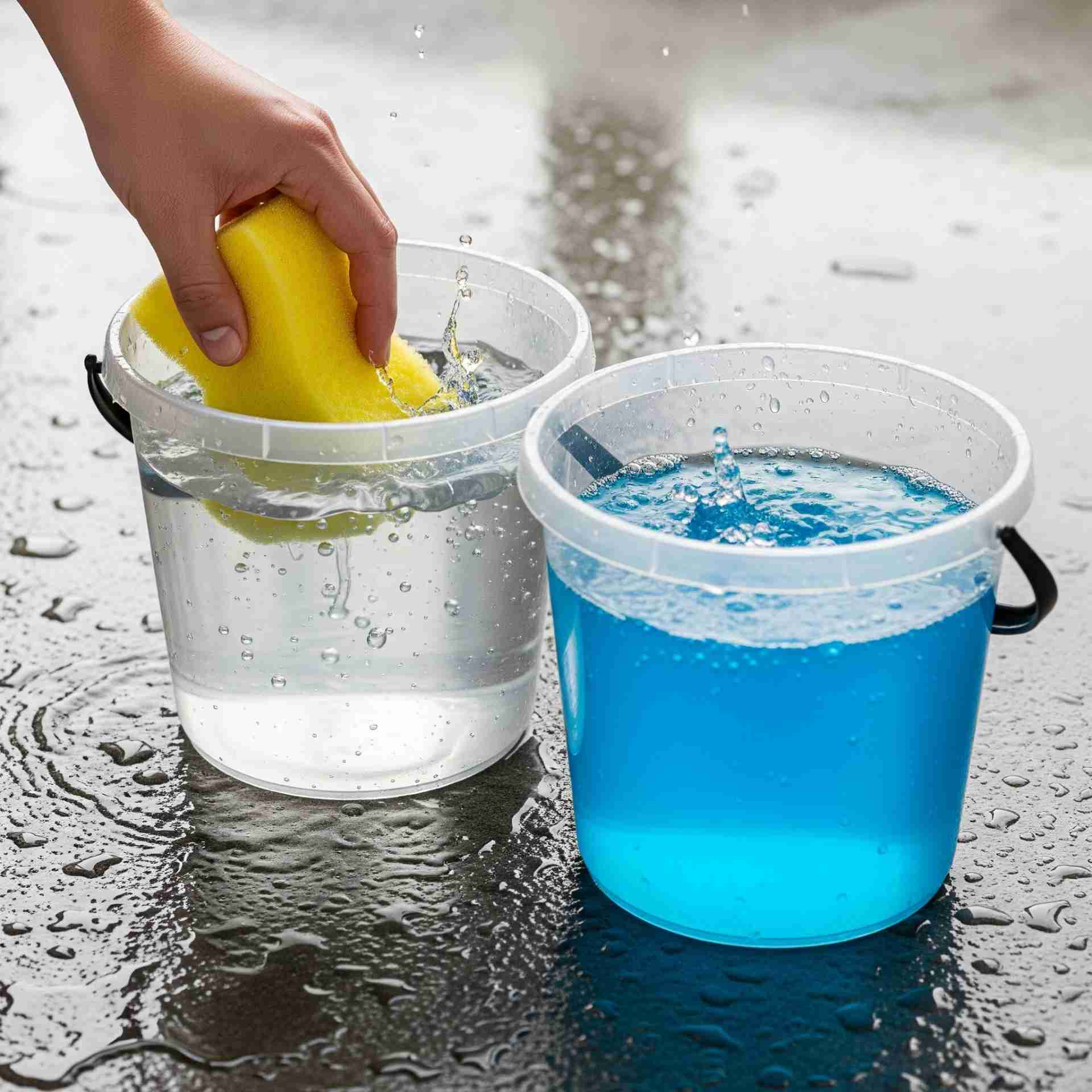 Duas baldes de plástico contendo água limpa e água com conteúdo azul e uma esponja amarela.