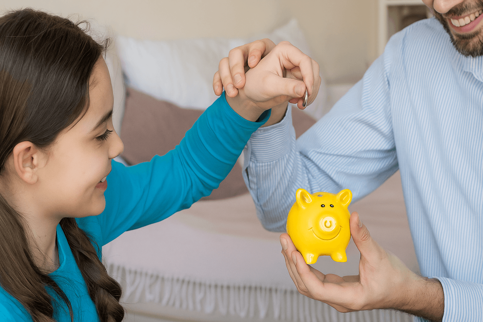 Pai e filha guardando dinheiro em cofre de porquinho amarelo, simbolizando economia e educação financeira infantil.