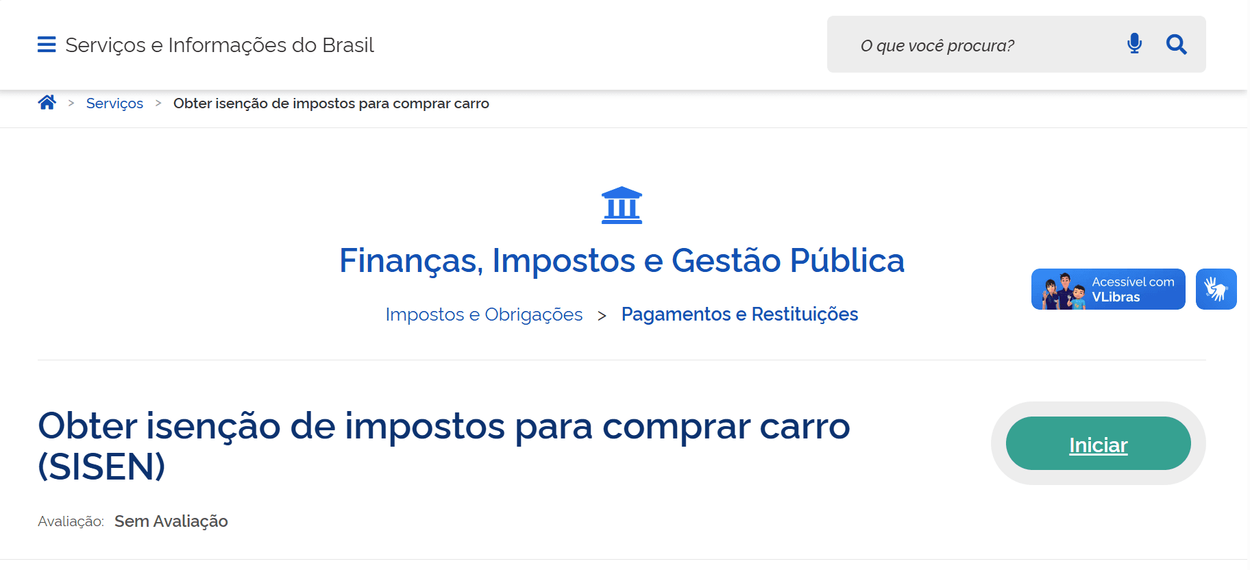 Tela do site do Governo Federal do Brasil mostrando o serviço de obtenção de isenção de impostos para comprar carro, na seção de Finanças, Impostos e Gestão Pública.