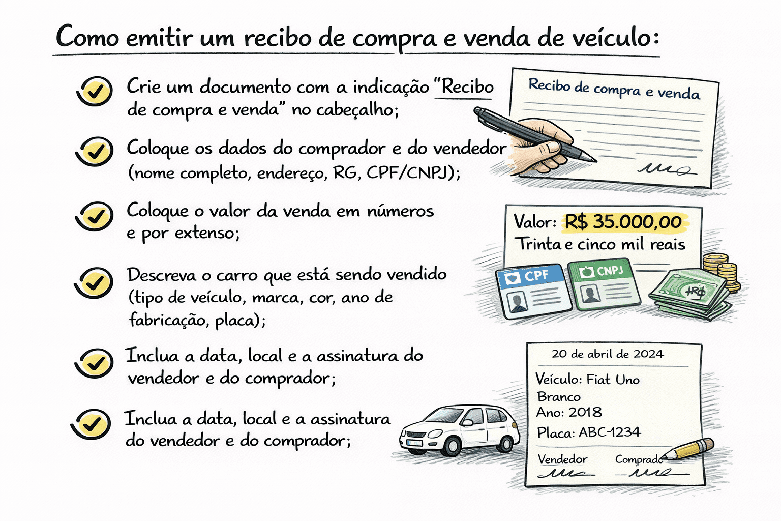 Infográfico explicando o passo a passo para emitir um recibo de compra e venda de veículo