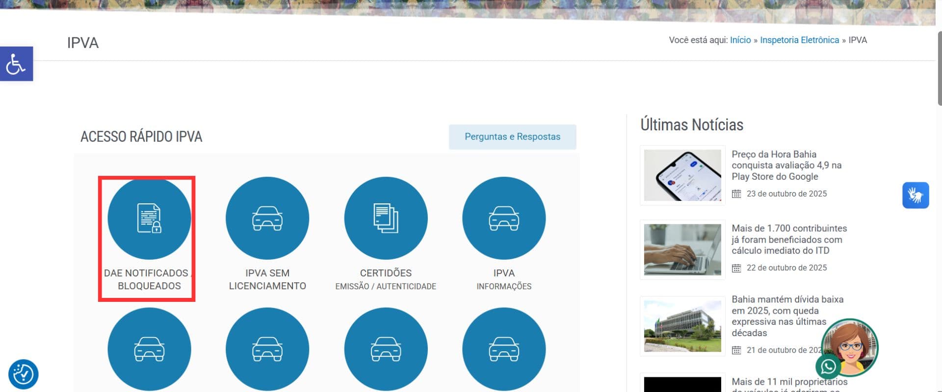 Tela do portal SEFAZ com acesso as informações sobre IPVA Bahia.