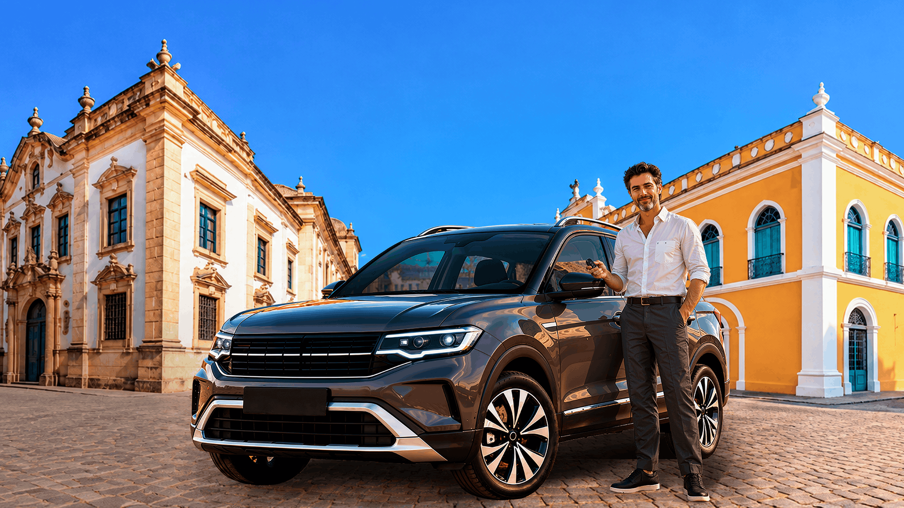 executivo com os braços cruzados na frente de um carro