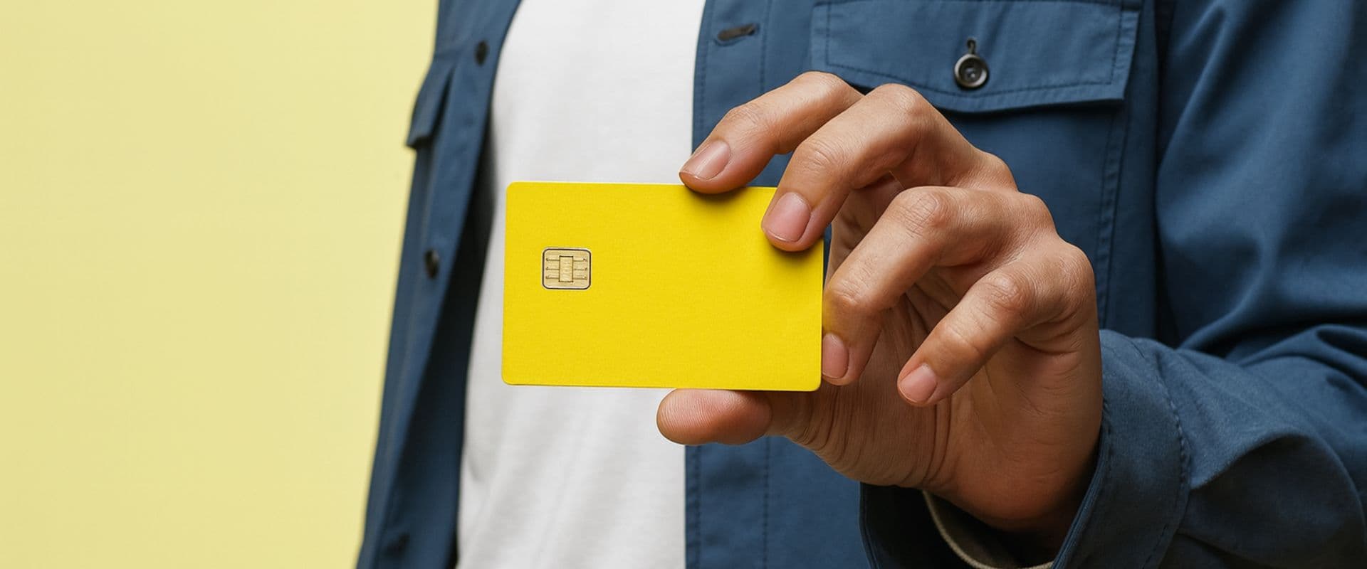 Pessoa segurando cartão de crédito amarelo com fundo colorido. Imagem representa tema de pagamento, economia ou segurança financeira.