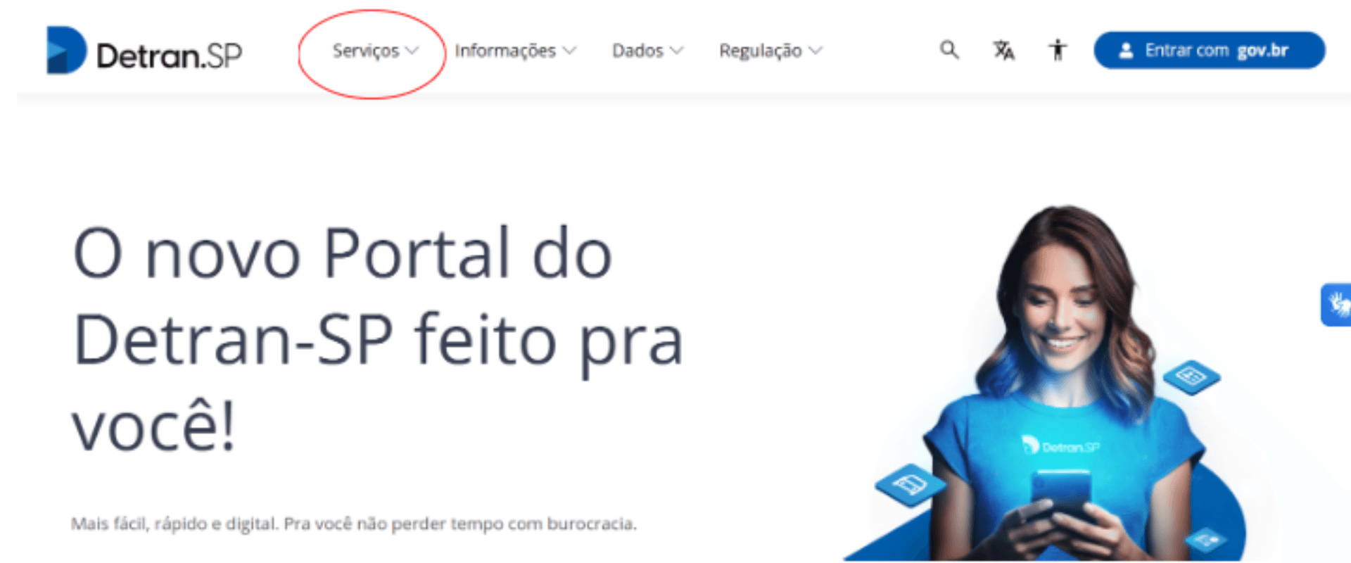 Site do Detran-SP destacando o novo portal para facilitar o acesso aos serviços de trânsito, informações e dados online de forma rápida e segura.