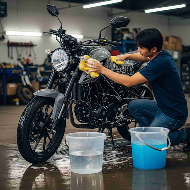 Pessoa limpando uma motocicleta preta em oficina, com baldes de água próximos, enquanto realiza manutenção ou limpeza da moto.