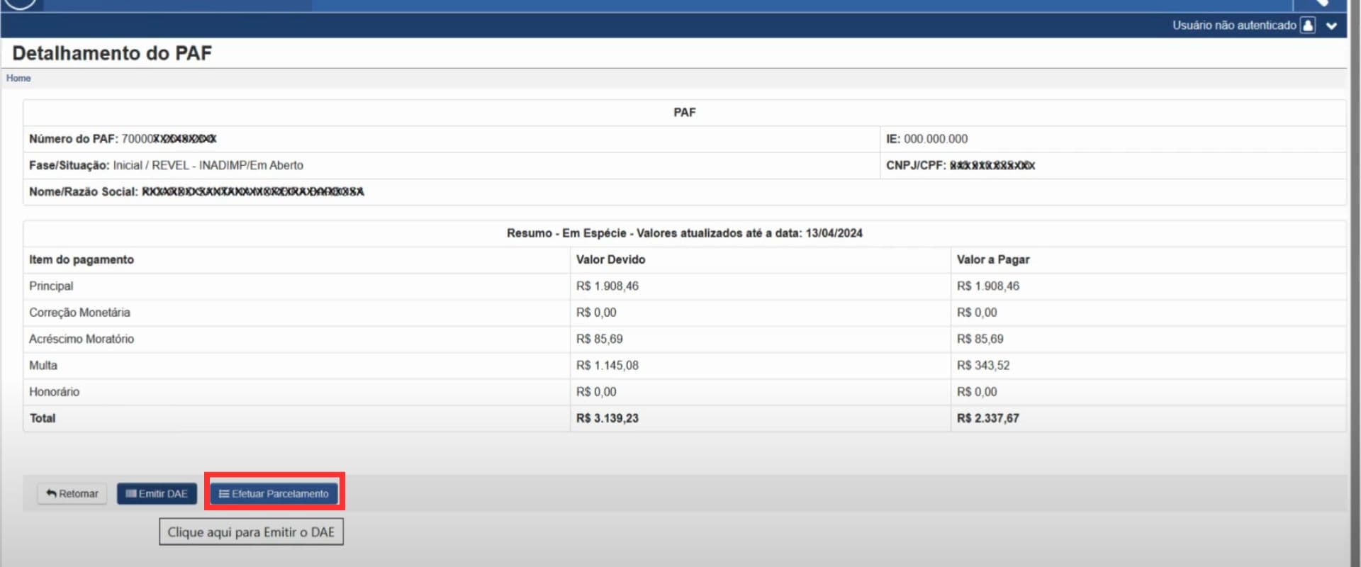Imagem mostrando detalhes do pagamento do PAF com informações como valor, forma de pagamento e total atualizado até 13/04/2024.