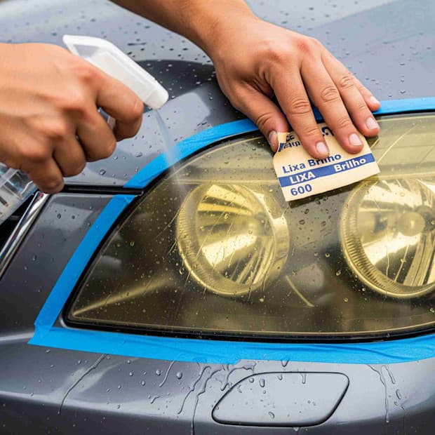 Aplicando lixa automotiva na cabeça de farol de carro usando um produto de polimento, com fita de proteção azul ao redor para evitar manchas na lataria.