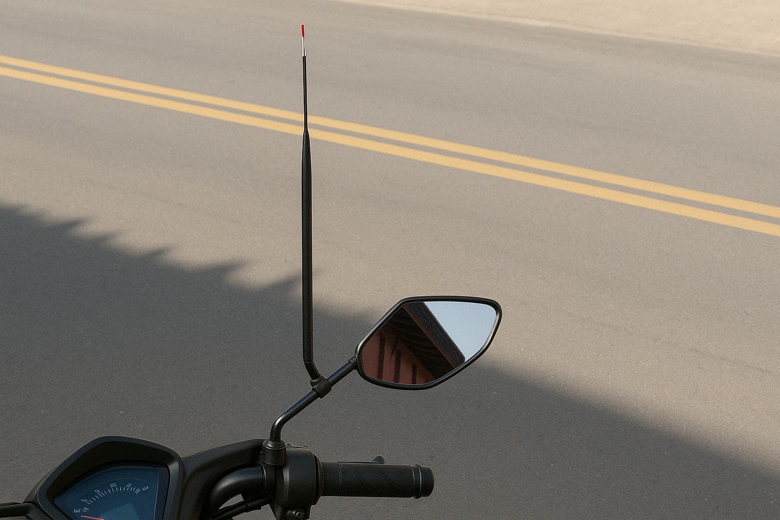 Imagem de um retrovisor de moto com um antena em destaque, refletindo a estrada ao fundo, ideal para quem busca acessórios e informações sobre motos.