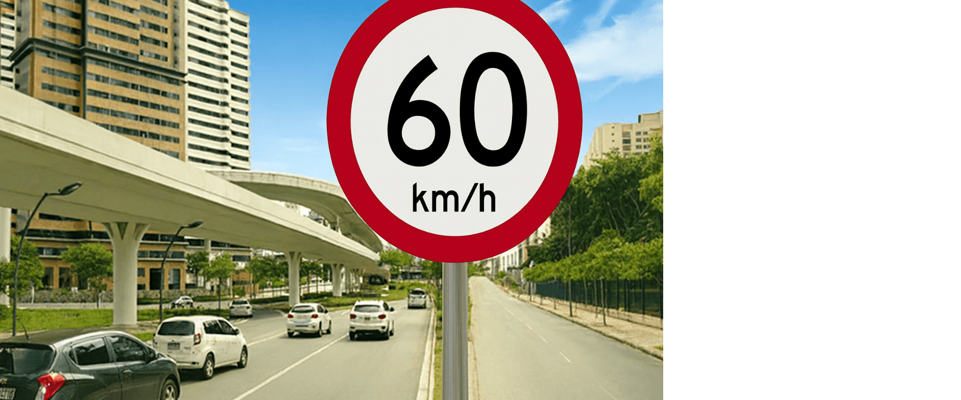A imagem mostra uma via longa com fluxo de veículos e uma placa marcando a velocidade máxima permitida de 60km/h, que é a aceita na via arterial.
