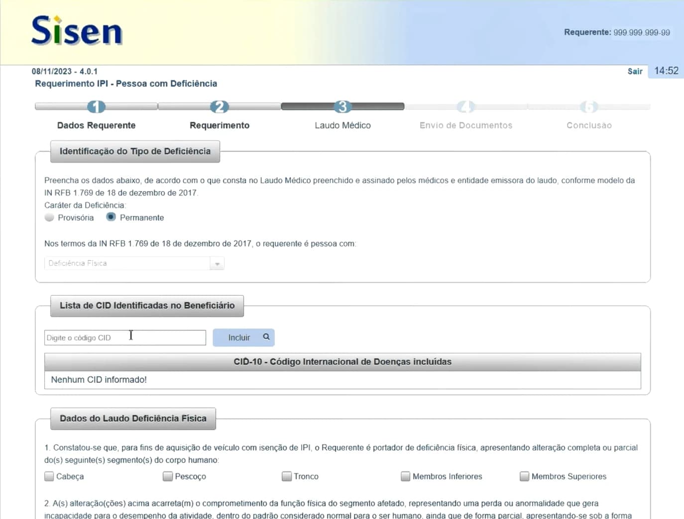 Imagem de um sistema de requerimento de IPI para pessoas com deficiência, exibindo etapas do processo, dados do requerente e informações sobre o diagnóstico.