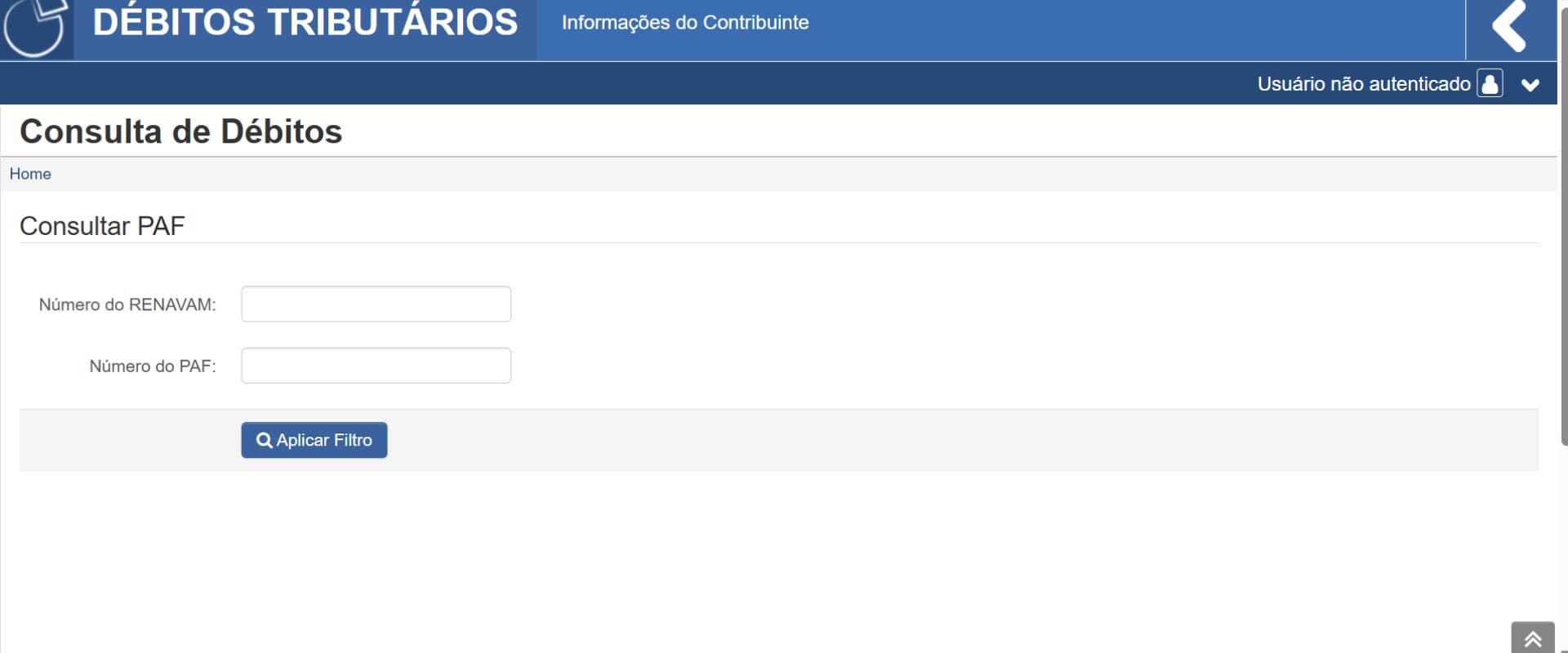Tela de consulta de débitos tributários no site oficial da Receita Federal do Brasil, mostrando campo para número do RENAVAM e PAF para verificar dívidas fiscais.
