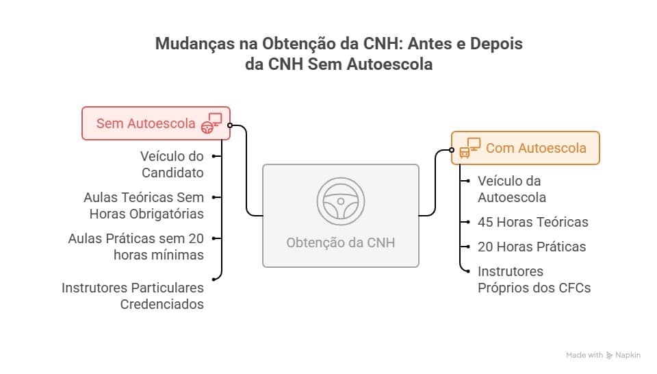 Gráfico comparando mudanças na obtenção da CNH com e sem autoescola, incluindo aulas práticas, teóricas, veículos e instrutores credenciados.