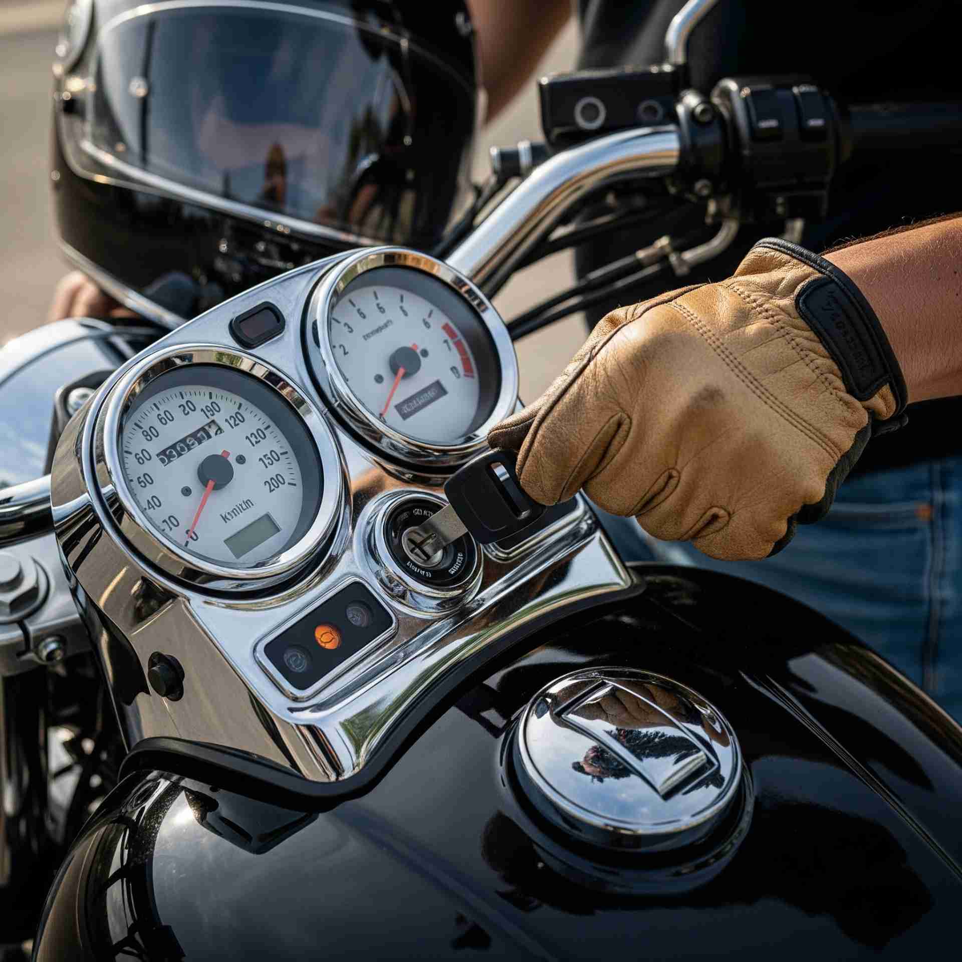 Pessoa dirigindo uma motocicleta, usando luvas de couro, com foco no painel do veículo e no guidão na rua.