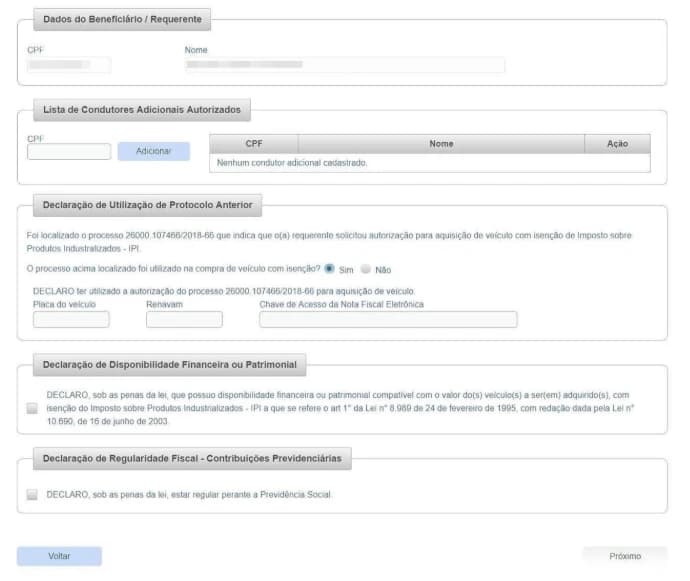 Imagem de um formulário detalhado de declaração de aquisição de veículo, incluindo dados do beneficiário, lista de condutores autorizados, utilização de protocolo anterior, disponibilidade financeira ou patrimonial, e regularidade fiscal.