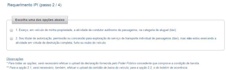 Imagem do site do sisen com a opção "Exerce Atividade de condutor autônomo de táxi", destacando a importância do requisito do IPI para taxisita.