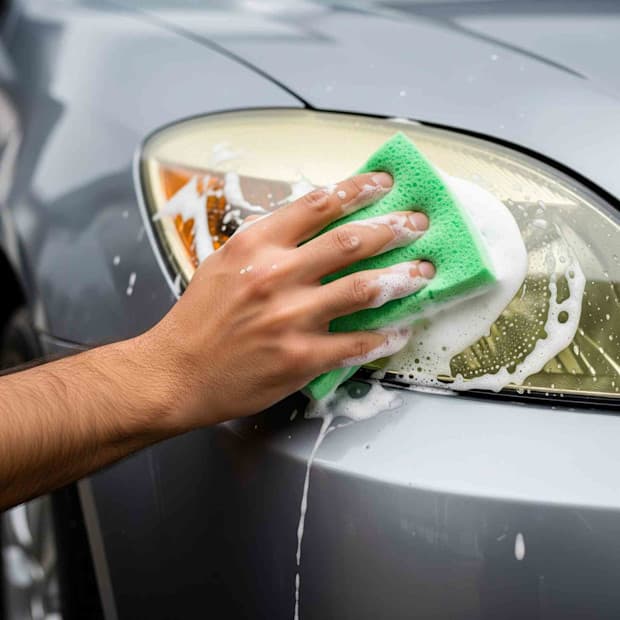 Pessoa limpando o farol de um carro com uma esponja verde e sabão.