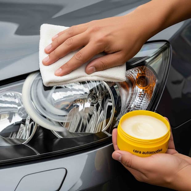 Pessoa limpando farol de carro com cera automotiva e pano de microfibra.