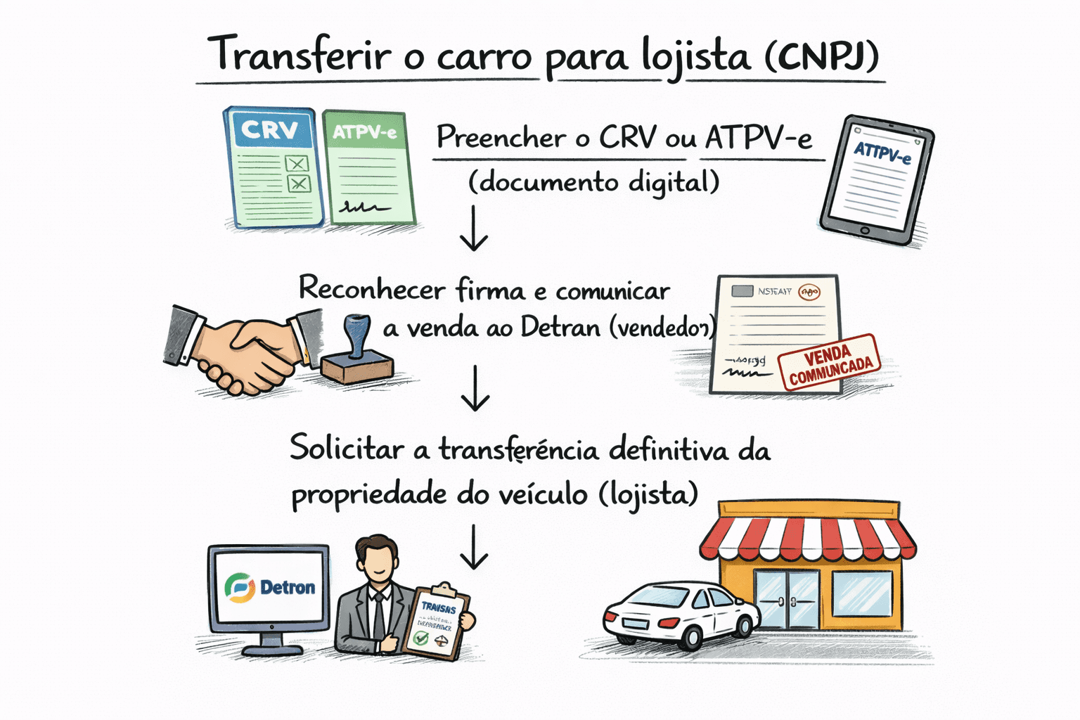 Infográfico explicando como transferir o carro para lojista e evitar multa por atraso de transferência.